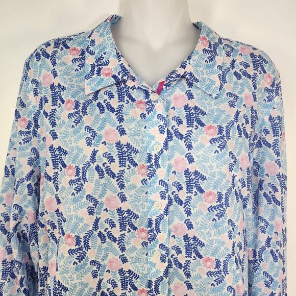 Talbots Petite Shirt XLP Button Front Classic Cotton Blue Pink Floral Ferns - Picture 3 of 8